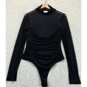 Pink Lily Womens Long-Sleeve Bodysuit Top Black Sheer Mesh Ruched Turtleneck L